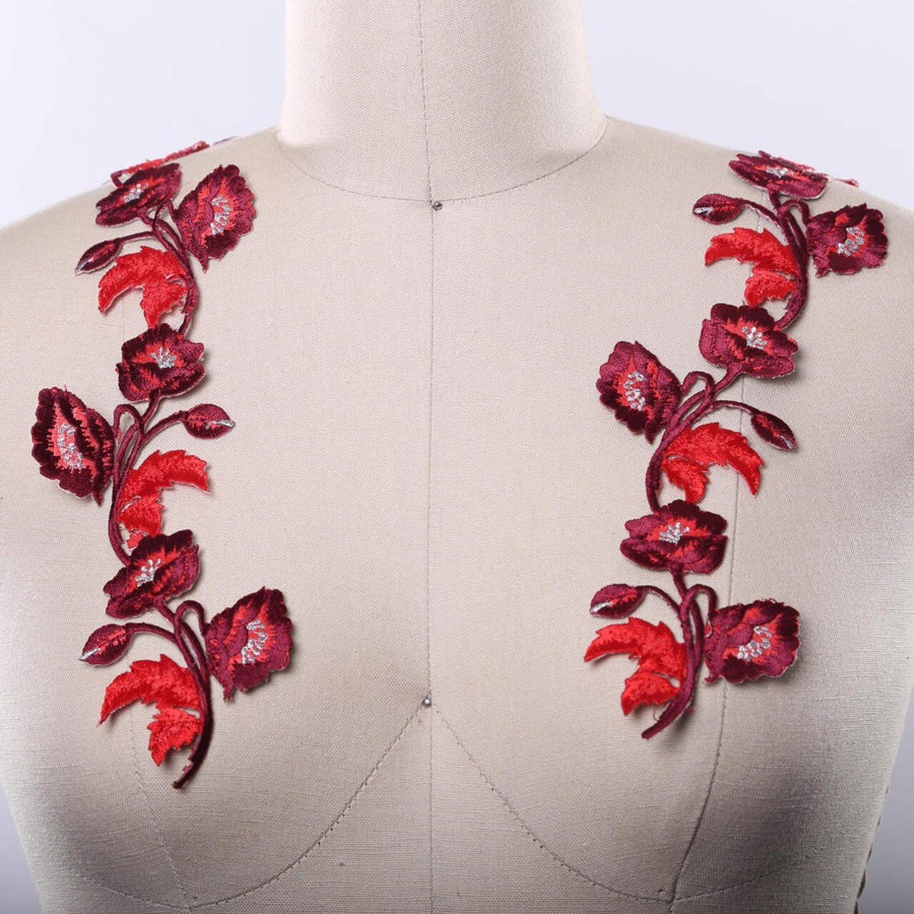 2 Pieces Red and Burgundy Flower Patches Embroidered Cherry Blossom Pair with Iron-On Backing for Jackets & Crafts
